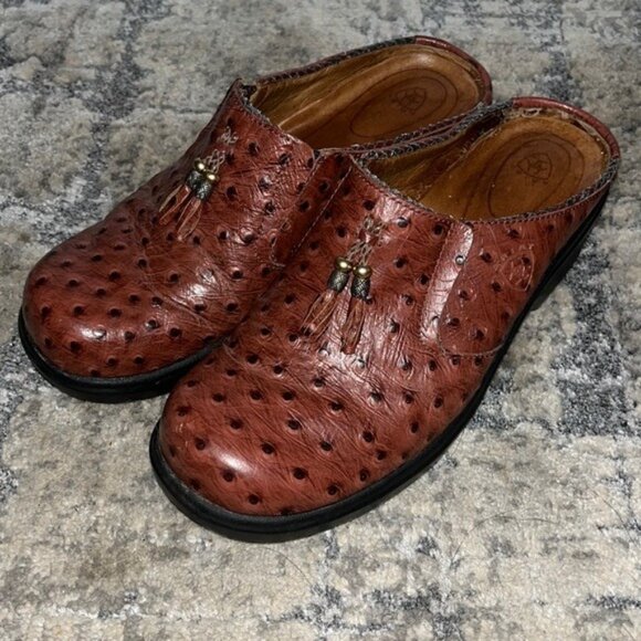 Ariat Womens 9 B Mules Clogs Brown Leather Ostrich Print Slip On Shoes T… - Picture 1 of 6